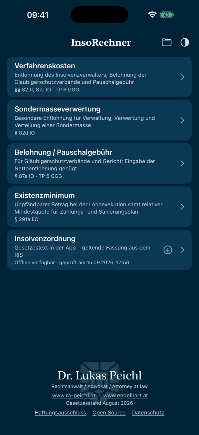 Startbildschirm der App InsoRechner mit den Werkzeugen Verfahrenskosten, Sondermasseverwertung, Belohnung, Existenzminimum, Insolvenzordnung und dem Ordnersymbol für die Fälle