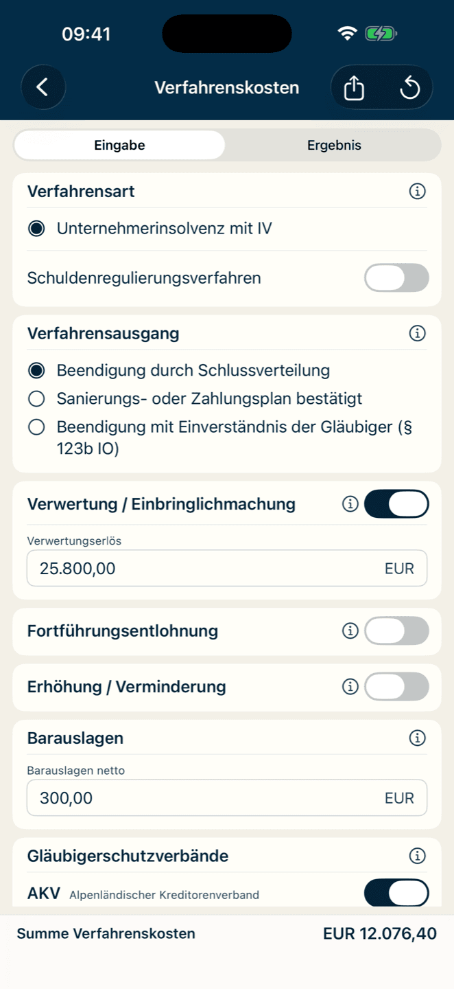 Eingabemaske Verfahrenskosten: Verfahrensart, Verfahrensausgang, Verwertungserlös und Barauslagen, darunter die laufende Summe